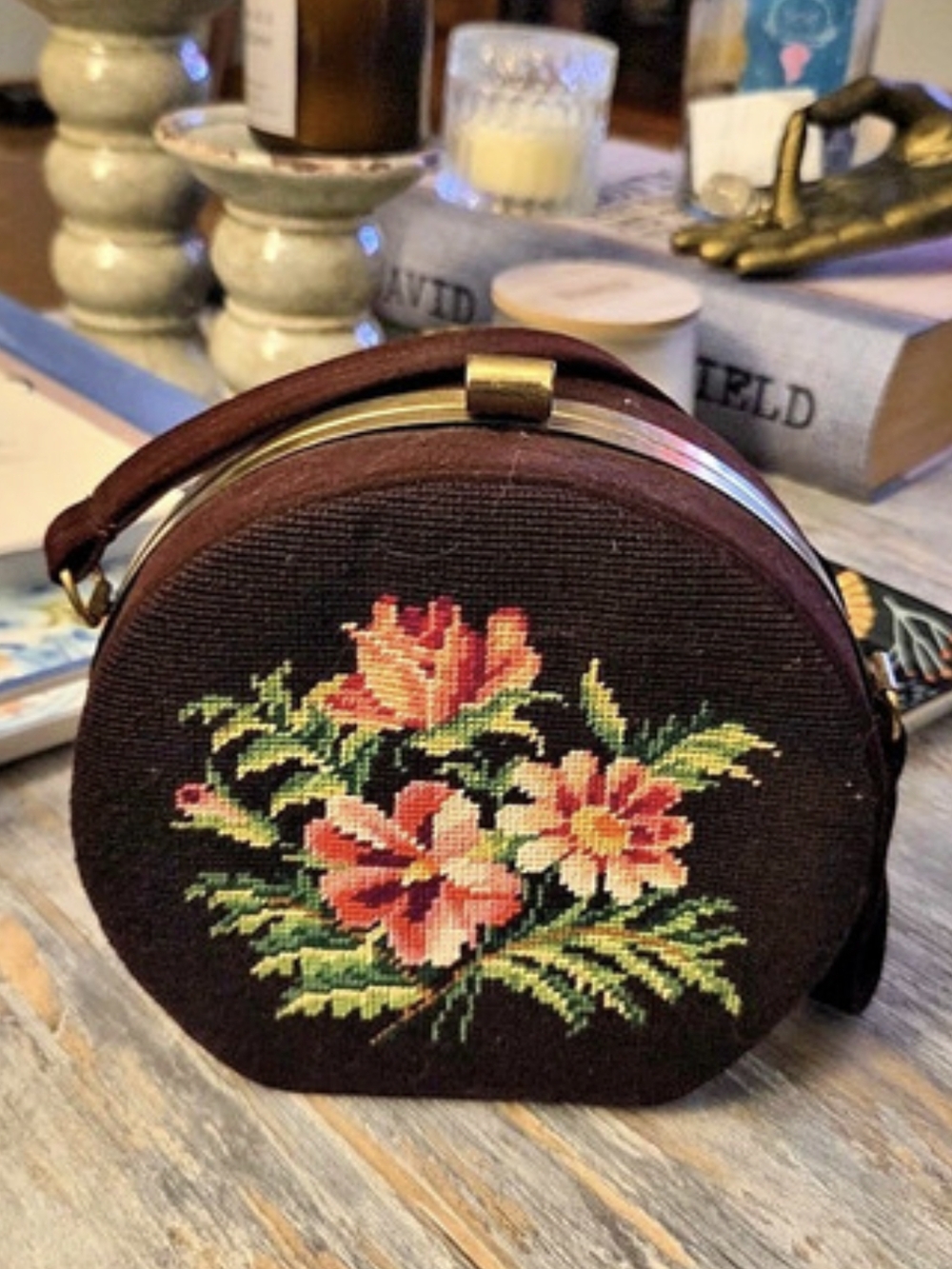 Vintage 60s Floral Needlepoint Canteen Circle Purse
